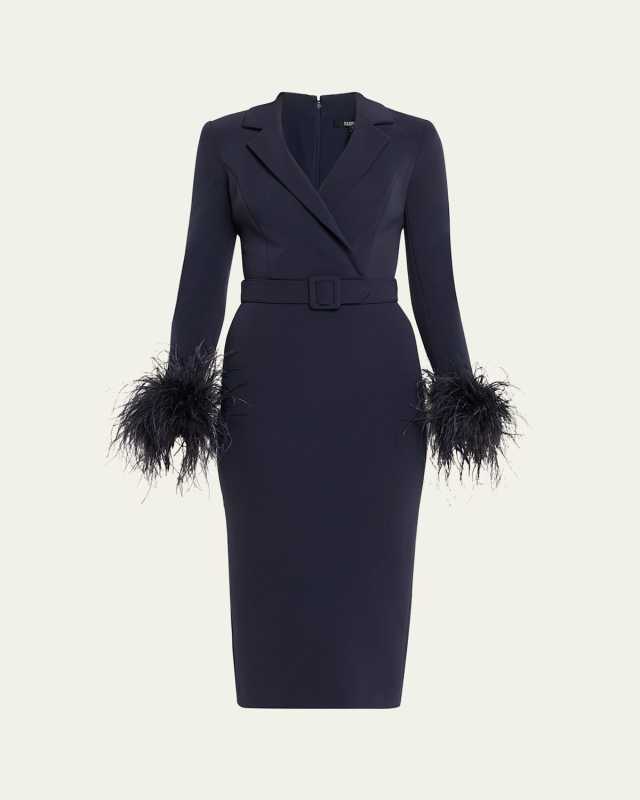 Belted Feather-Cuff Midi Sheath Dress